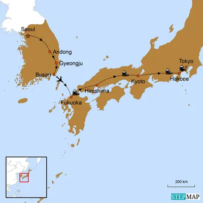 Landkarte mit Reiseroute, Japan Südkorea Rundreise