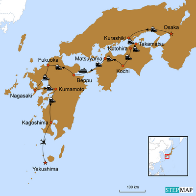 Japan Reise-Burgen, Tempel und mystische Landschaften-Karte-Reiseroute